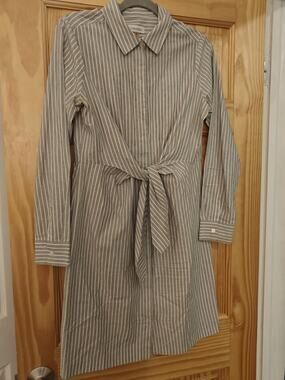 Calvin Klein Tie Front Gray Pinstripe Shirt Dress Sz8 Preppy Classic Minimalist